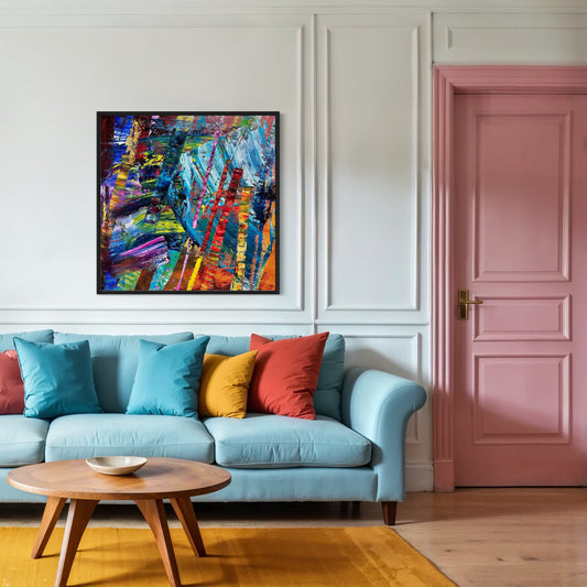Abstract painting ‘It’s Wild!’ by Maria-Victoria Checa displayed above a blue sofa in a modern living room.