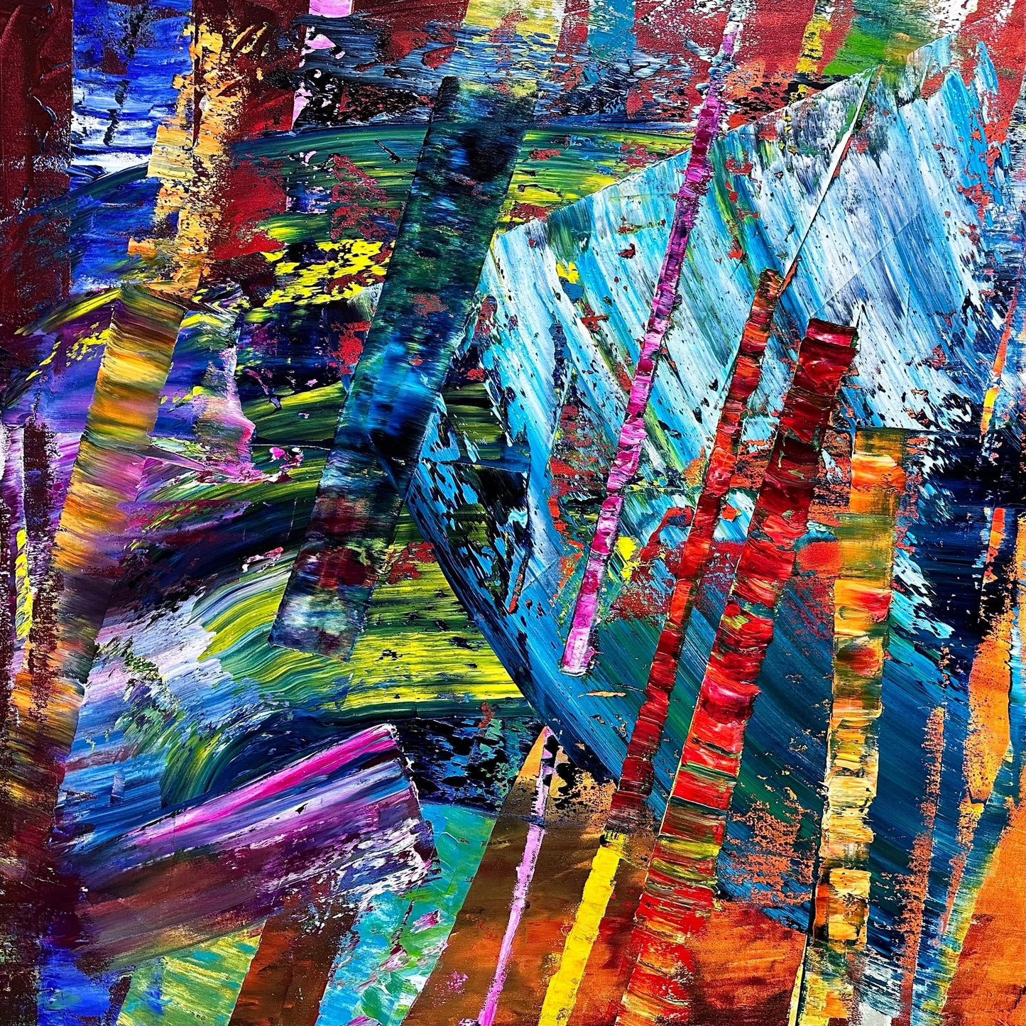 Original abstract oil painting ‘It’s Wild!’ by Maria-Victoria Checa featuring bold colorful strokes in teal, red, yellow, and blue.