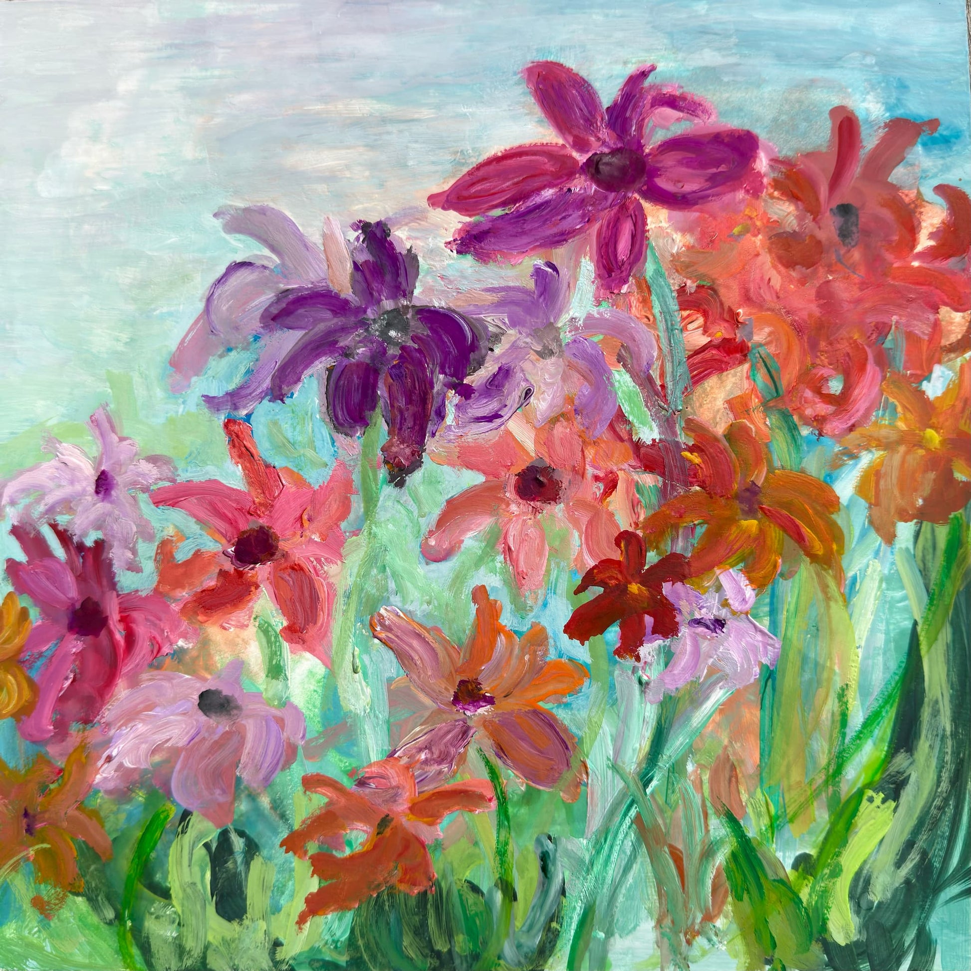 "Joie de Vivre, original impressionist floral watercolor painting on paper, 12x12 inches (30.5x30.5 cm), by Washington, DC artist Maria-Victoria Checa, featuring magenta, purple, coral and orange coneflowers"