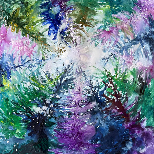 Let It Snow — original 12x12 watercolor painting of swirling winter pines in blue, green, and violet by Washington DC artist Maria-Victoria Checa