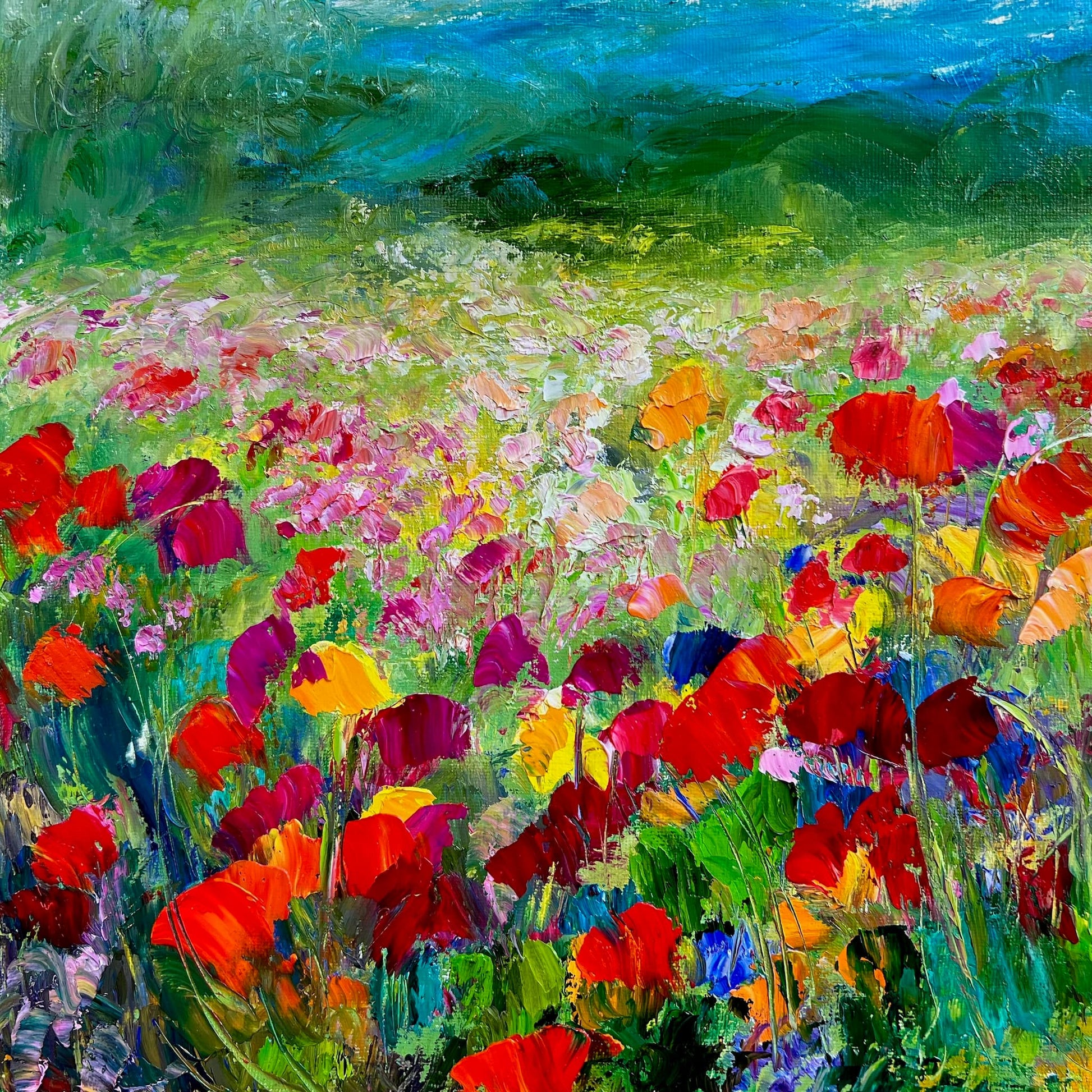 Lively Poppies fine art print by Washington DC artist Maria-Victoria Checa — vibrant impressionist poppy field painting in bold reds, magentas, and yellows with expressive palette knife brushwork