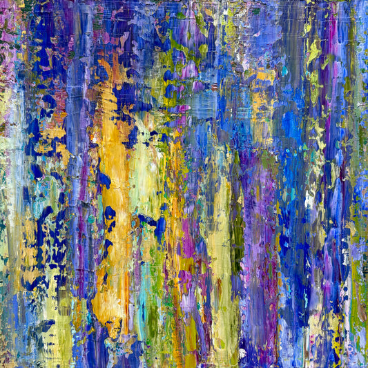 Contemporary abstract painting by Maria-Victoria Checa featuring layered blues, lavenders, yellow greens, and expressive texture.