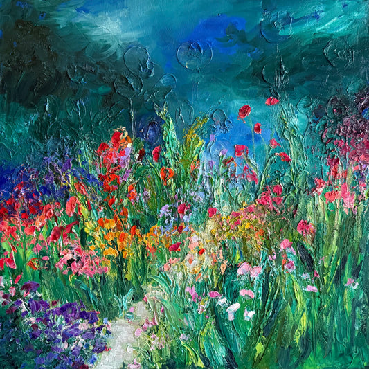 Midnight Ballad, an abstract floral landscape painting by Washington, DC artist Maria-Victoria Checa, featuring expressive brushwork and vibrant textured flowers.