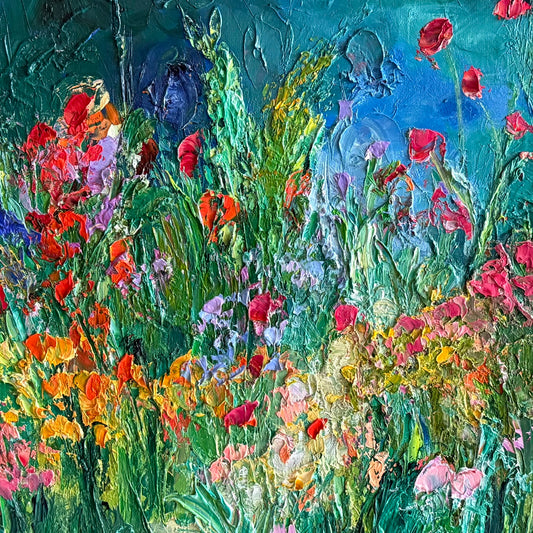 Textured close-up of Midnight Ballad showing thick palette-knife strokes, colorful wildflowers, and rich teal sky by artist Maria-Victoria Checa.