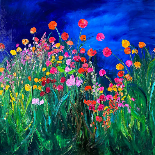 Midnight Dream impressionist painting by Maria-Victoria Checa featuring vibrant palette knife wildflowers in orange, red, pink, and yellow rising from deep green foliage against a dramatic cobalt blue night sky.