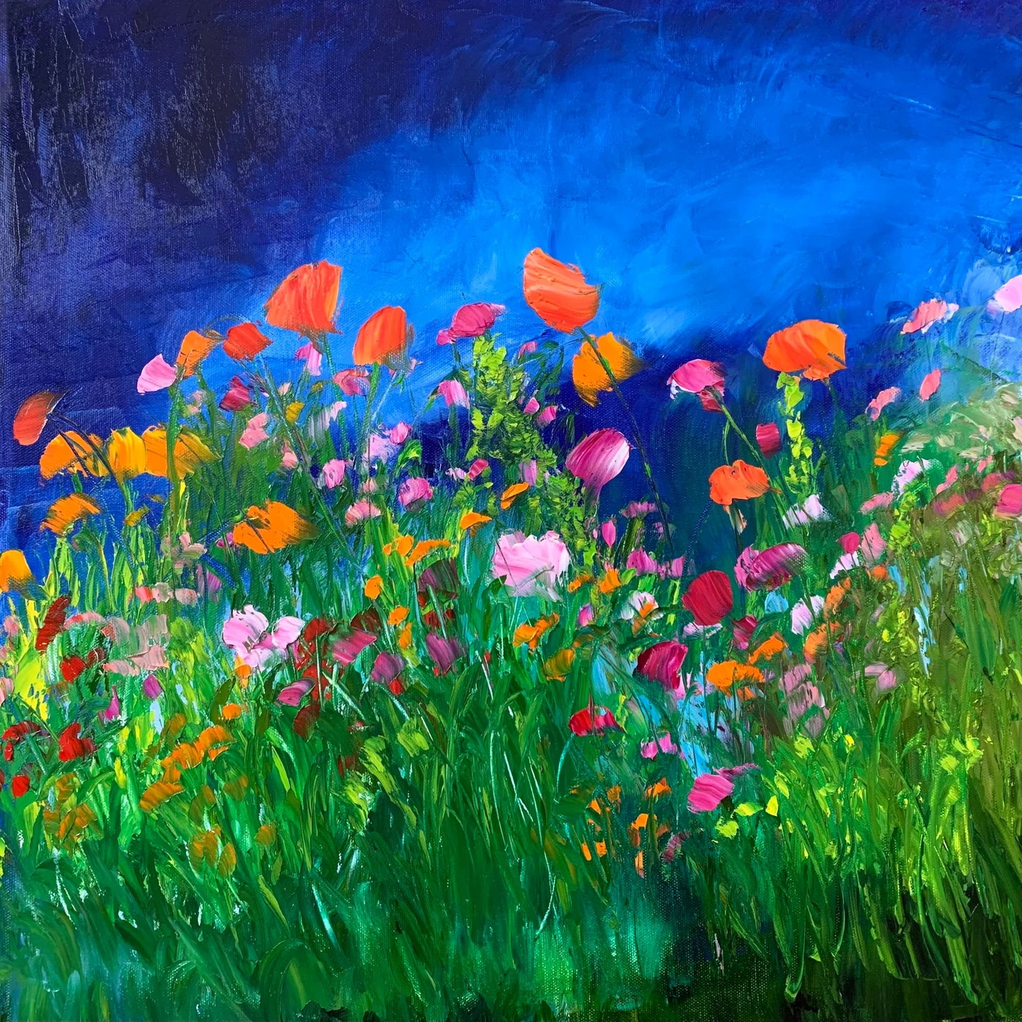 Midnight Dream impressionist wildflower fine art print by Maria-Victoria Checa featuring vibrant palette knife blooms in orange, pink, and red against a dramatic cobalt blue night sky.