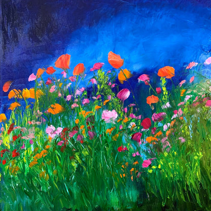 Midnight Dream impressionist wildflower fine art print by Maria-Victoria Checa featuring vibrant palette knife blooms in orange, pink, and red against a dramatic cobalt blue night sky.