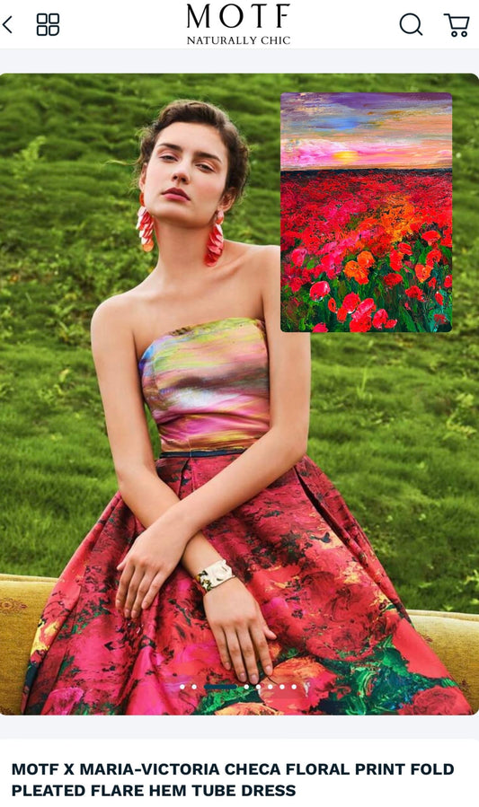 MOTF x Maria-Victoria Checa floral print fold pleated flare hem tube dress inspired by the painting Coquelicots