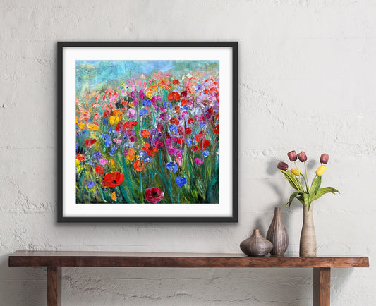 Multi-Colored Flower Field framed paper print displayed over console table by Maria-Victoria Checa