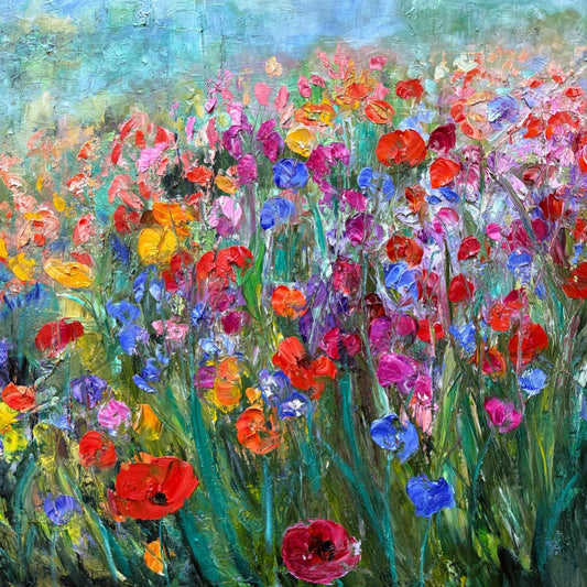 Multi-Colored Flower Field impressionist original painting by Maria-Victoria Checa featuring vibrant palette knife wildflowers in red, orange, yellow, pink, purple, and blue against a teal green background and soft blue sky.