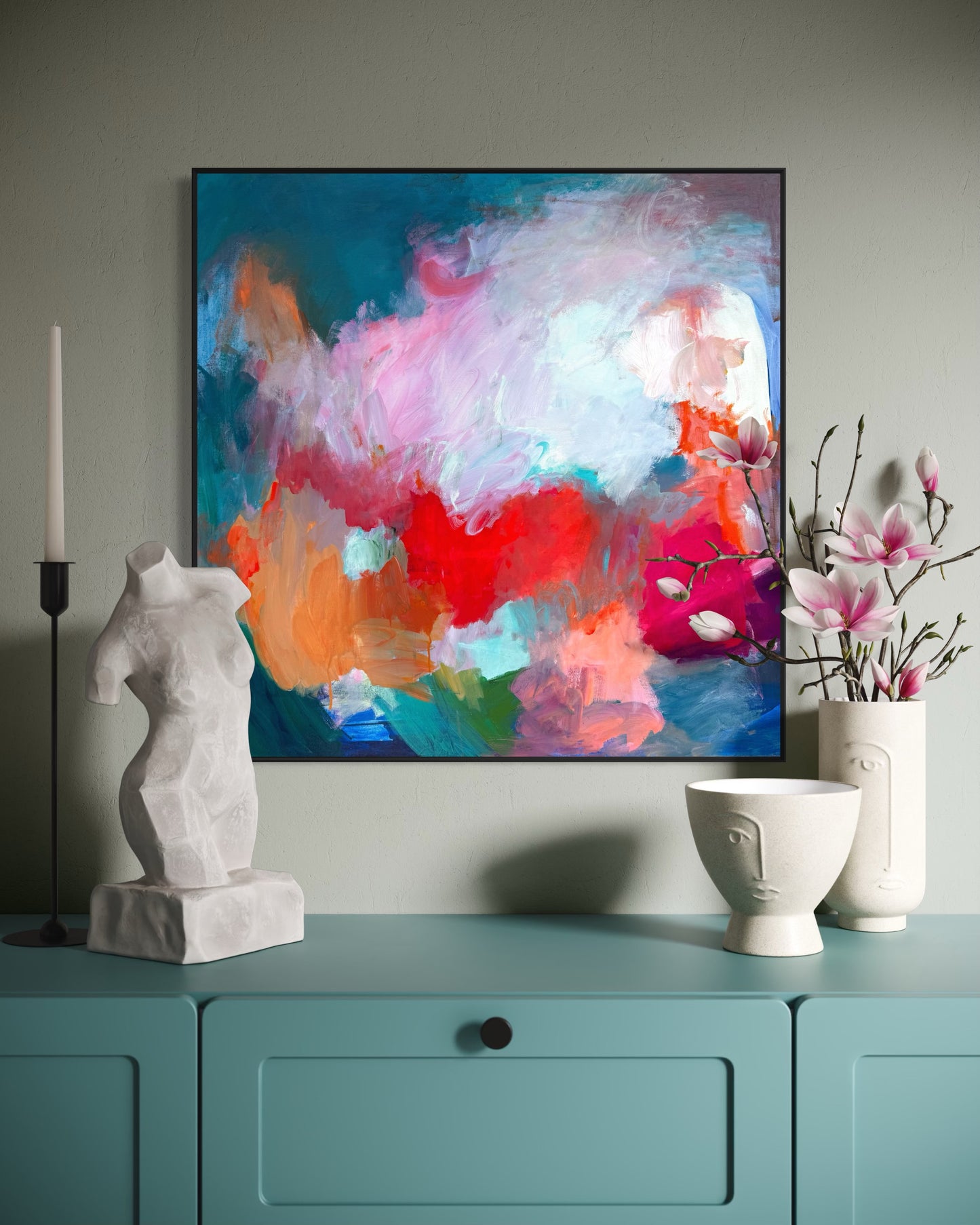‘Nebula’ abstract painting by Maria-Victoria Checa displayed above a teal credenza with sculptural décor.