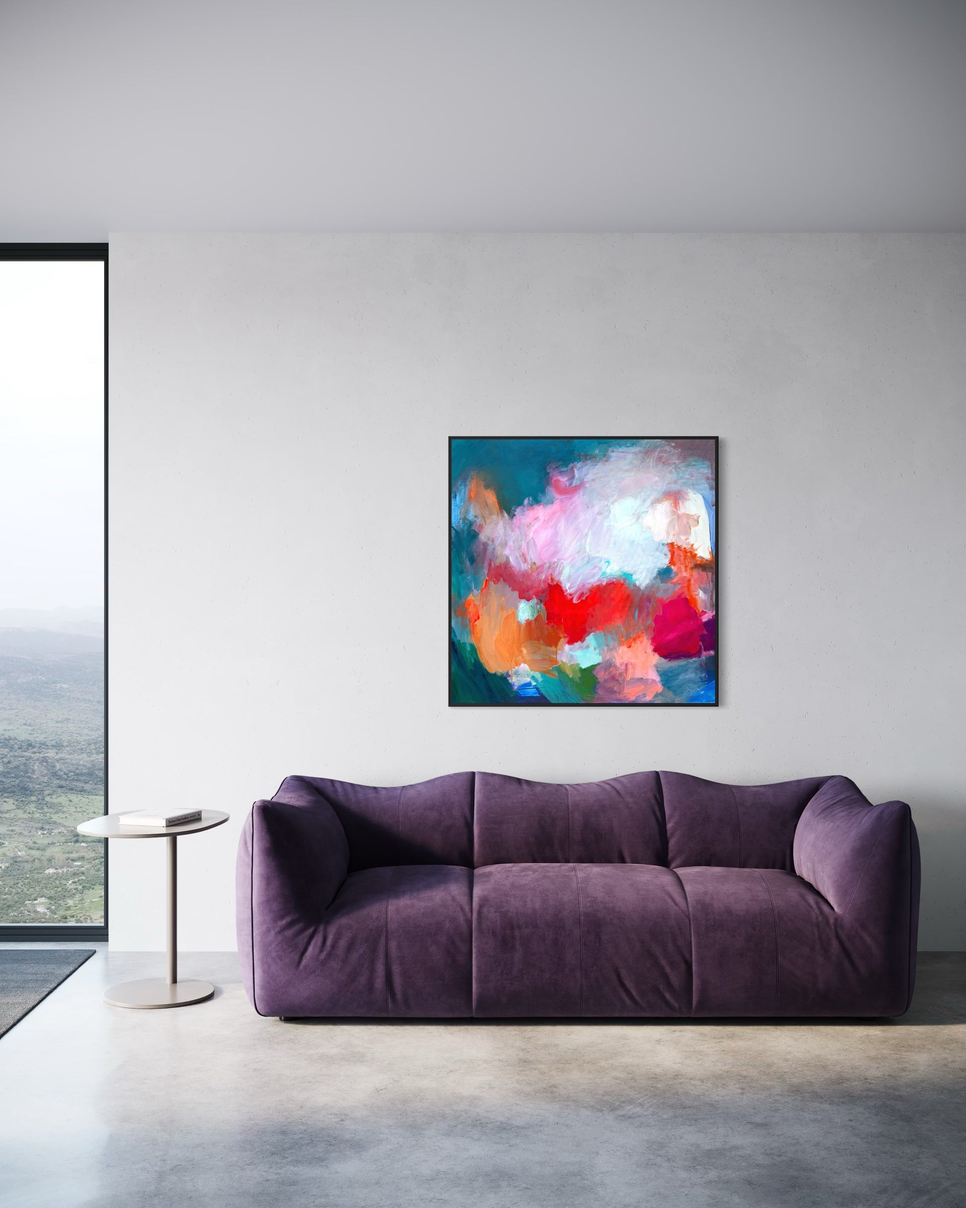 ‘Nebula’ abstract painting by Maria-Victoria Checa hanging above a modern purple sofa.