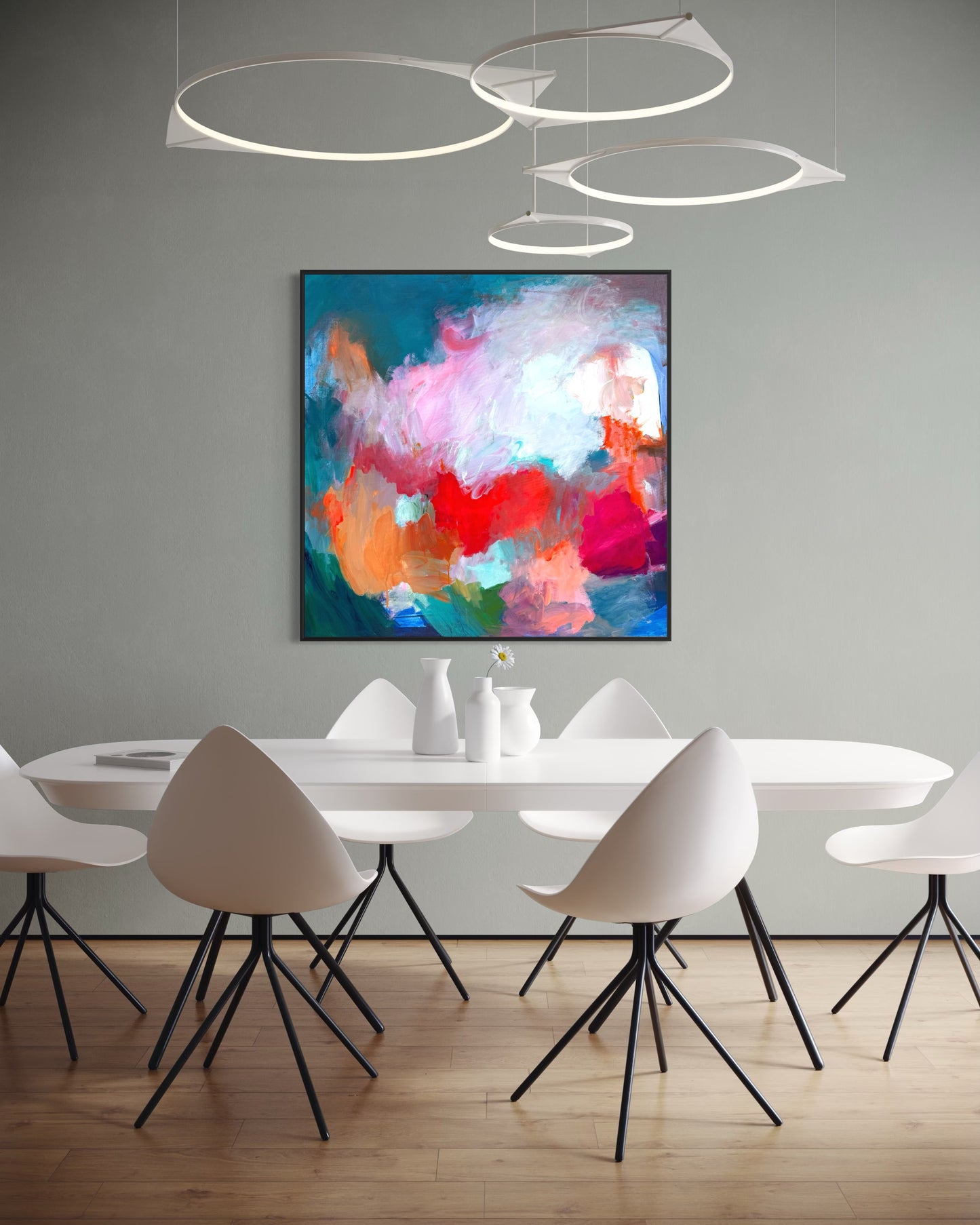 ‘Nebula’ abstract painting by Maria-Victoria Checa displayed in a contemporary dining room with sculptural lighting.