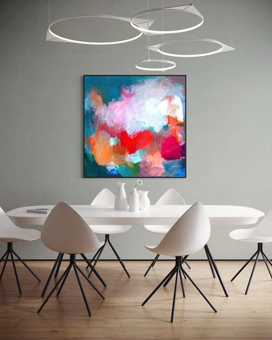 ‘Nebula’ abstract painting by Maria-Victoria Checa displayed in a contemporary dining room with sculptural lighting.