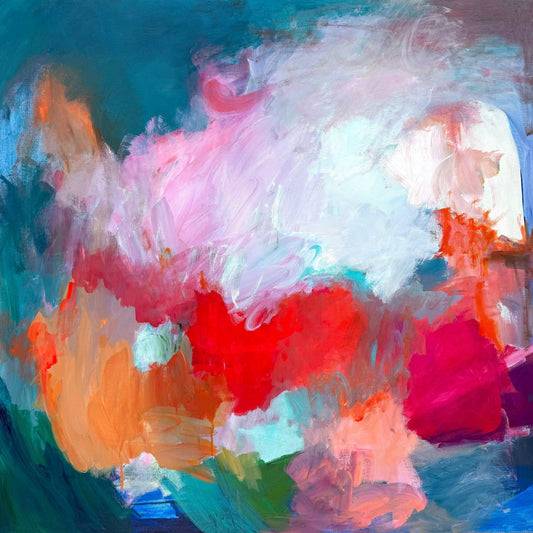‘Nebula,’ an abstract painting by Maria-Victoria Checa with vibrant reds, pinks, teal, and expressive layered brushstrokes.