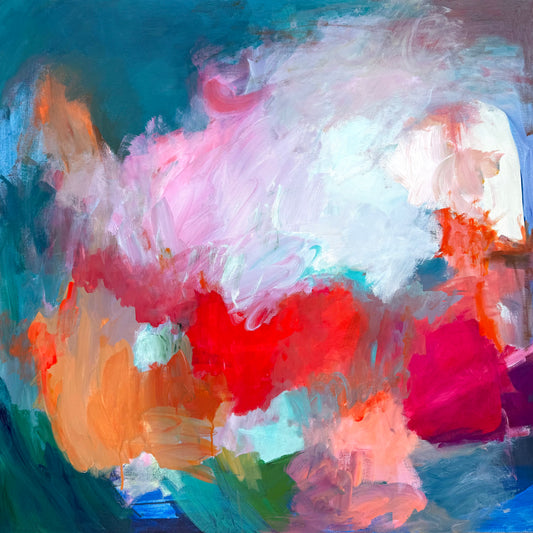 ‘Nebula,’ an abstract painting by Maria-Victoria Checa with vibrant reds, pinks, teal, and expressive layered brushstrokes.
