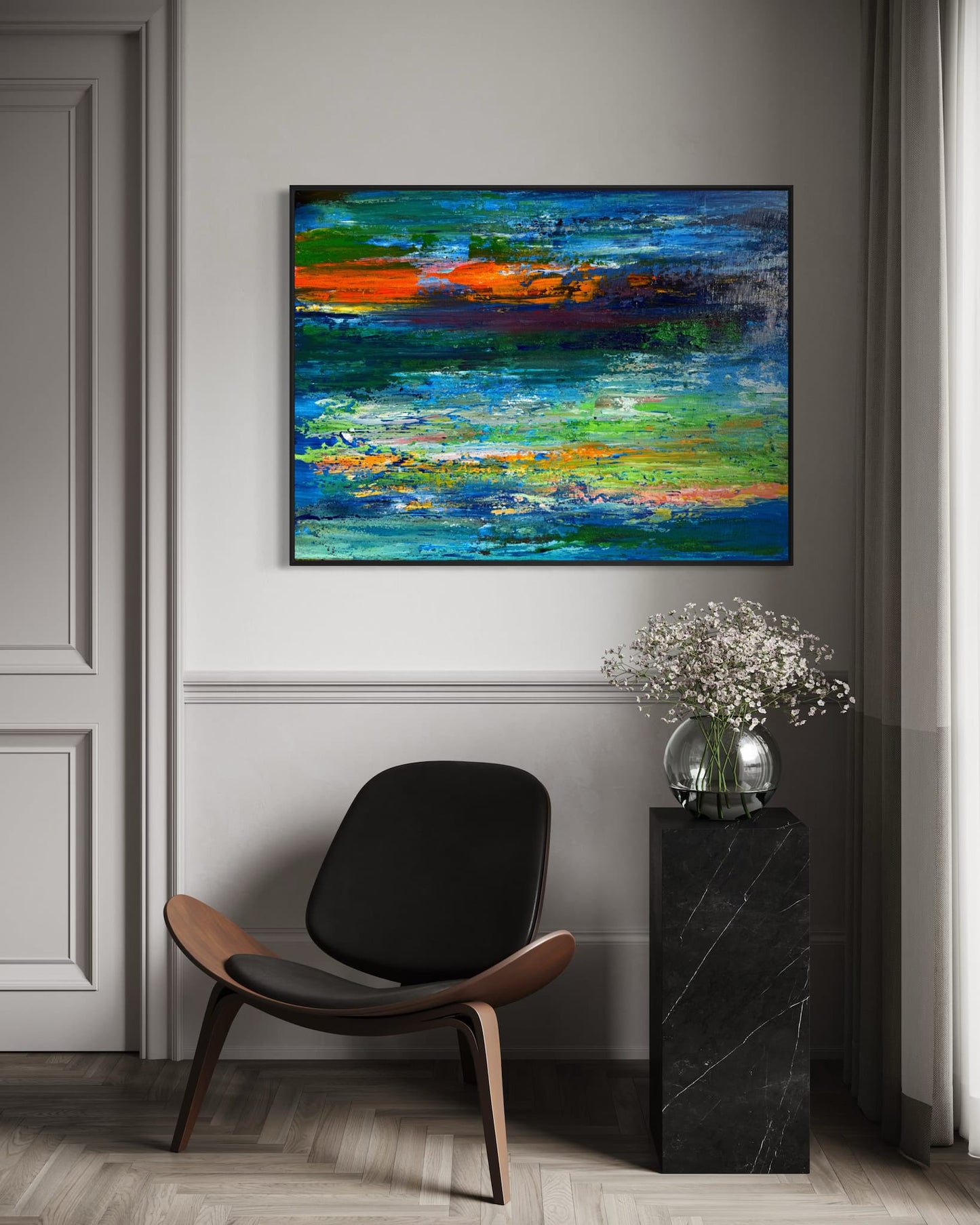 ON EDGE! by Maria-Victoria Checa hung horizontally in a grey paneled living room, bands of orange, blue and green