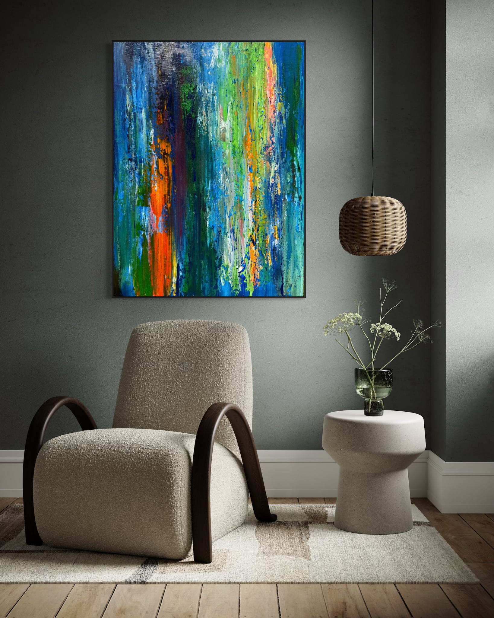 ON EDGE! 36x48 abstract painting hung vertically above a bouclé armchair on a sage green wall