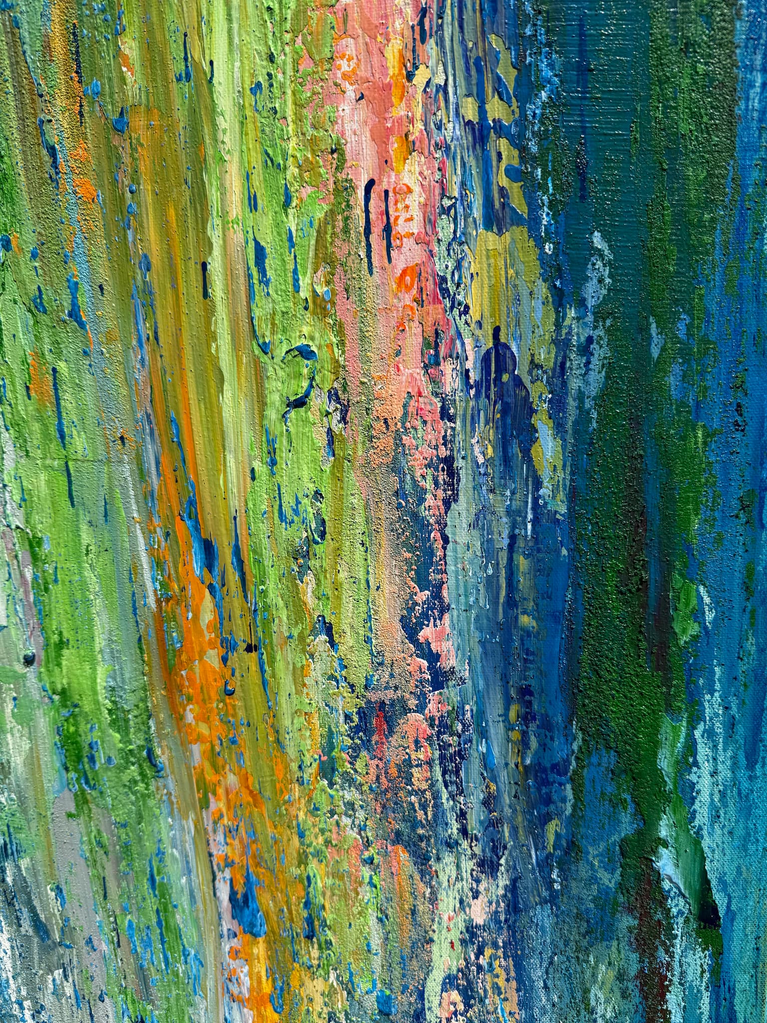 Close-up detail of ON EDGE! showing textured acrylic layers, drips and scraped lime green, coral and blue paint