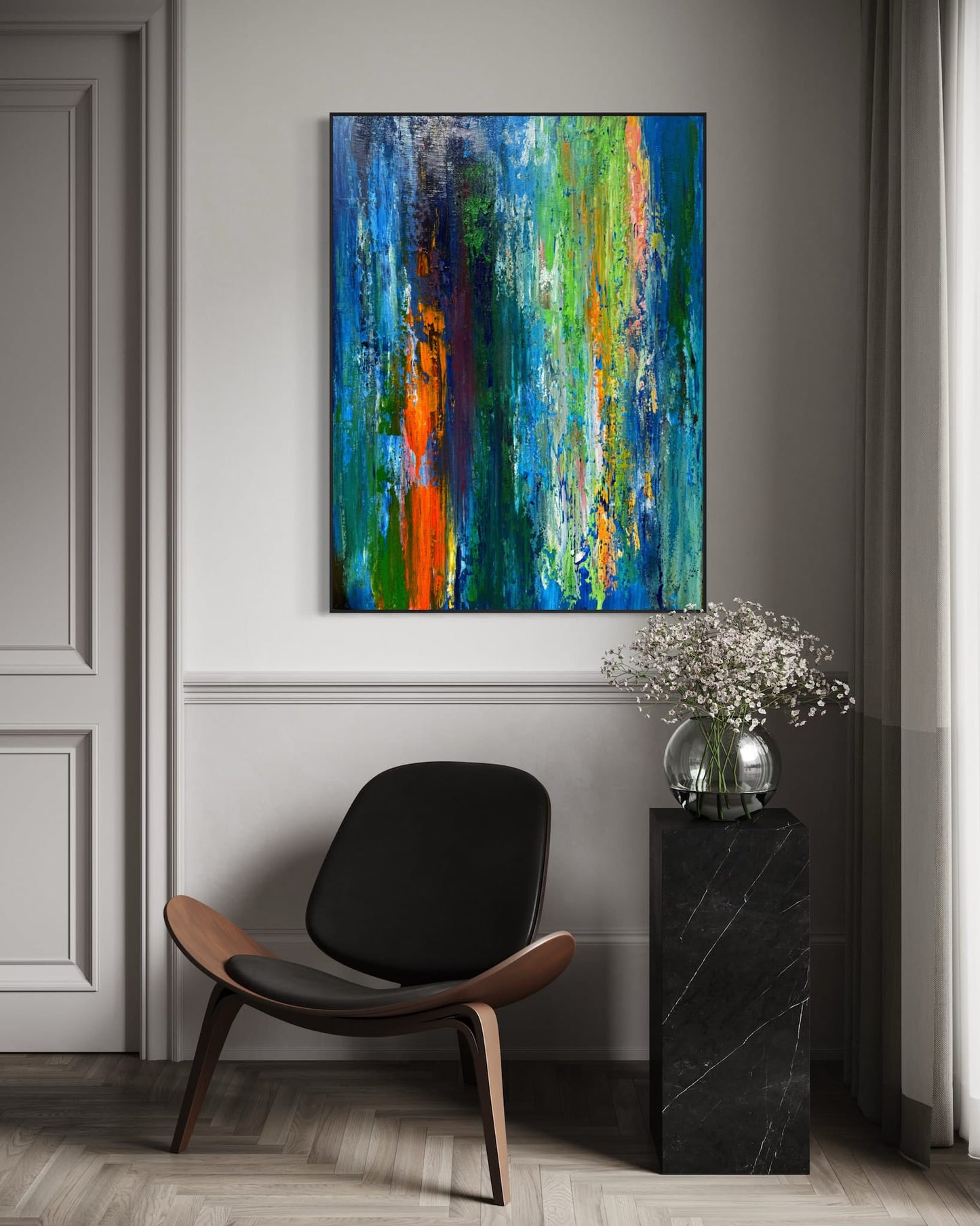 Large blue and orange abstract painting ON EDGE! in a grey paneled room with a black shell chair and marble plinth
