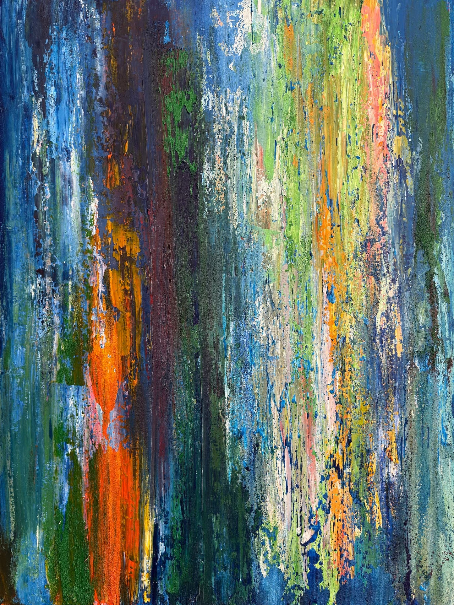 ON EDGE! original abstract acrylic painting by Maria-Victoria Checa, vertical streaks of cobalt blue, teal, flame orange and lime green