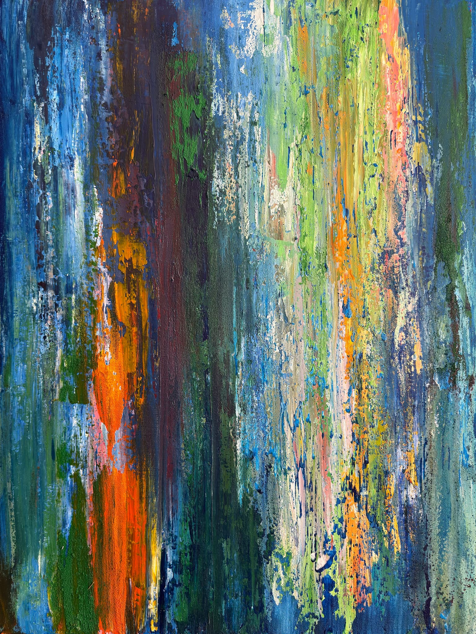 ON EDGE! original abstract acrylic painting by Maria-Victoria Checa, vertical streaks of cobalt blue, teal, flame orange and lime green