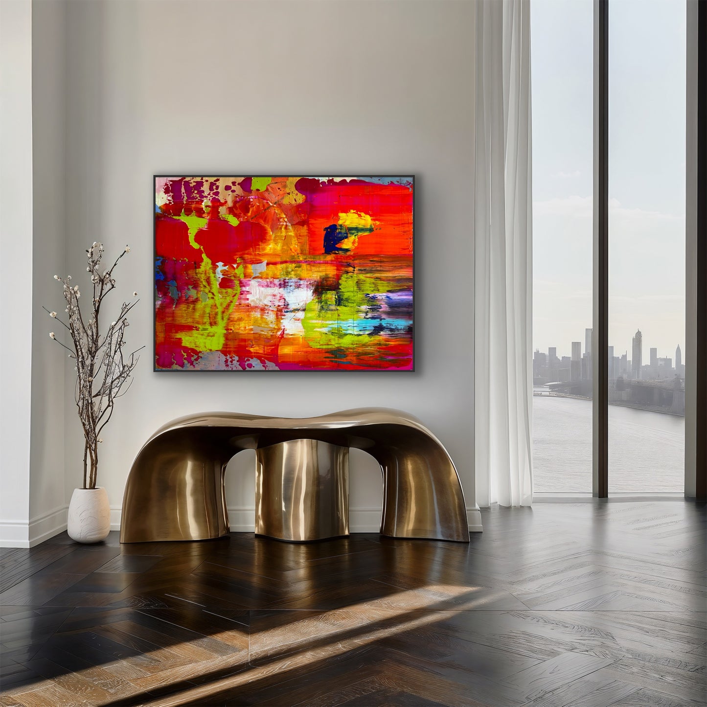 On Fire! abstract painting styled above a sculptural brass console table in a modern room overlooking the city.