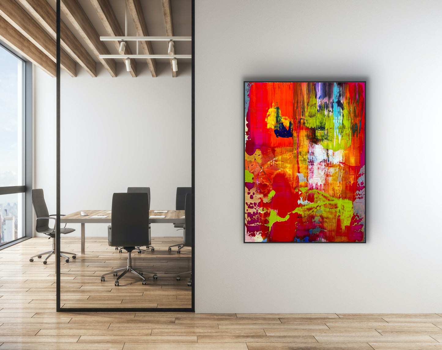 On Fire! abstract artwork displayed in a modern office wall, adding energetic color to a minimal room with wood flooring and glass walls.