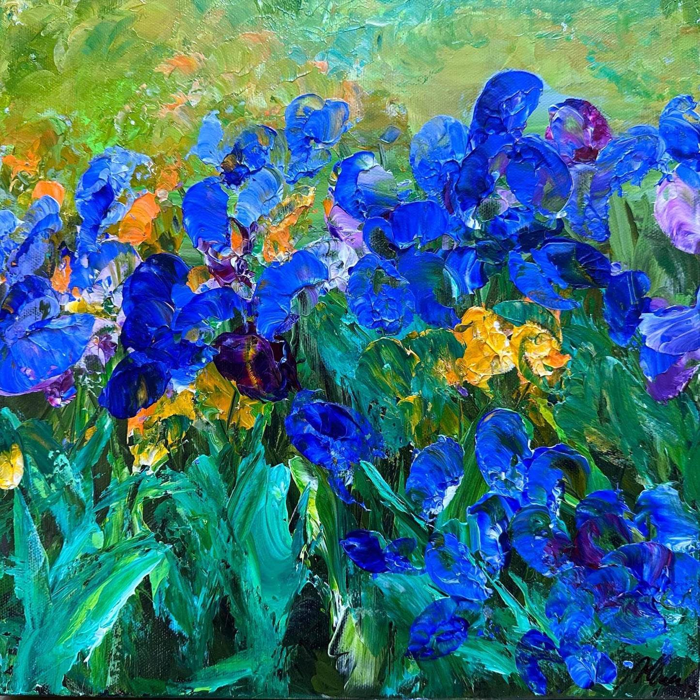 Orange Iris, original impressionist blue iris flower painting by Maria-Victoria Checa, 12x12 in, cobalt blue irises with orange gold and green