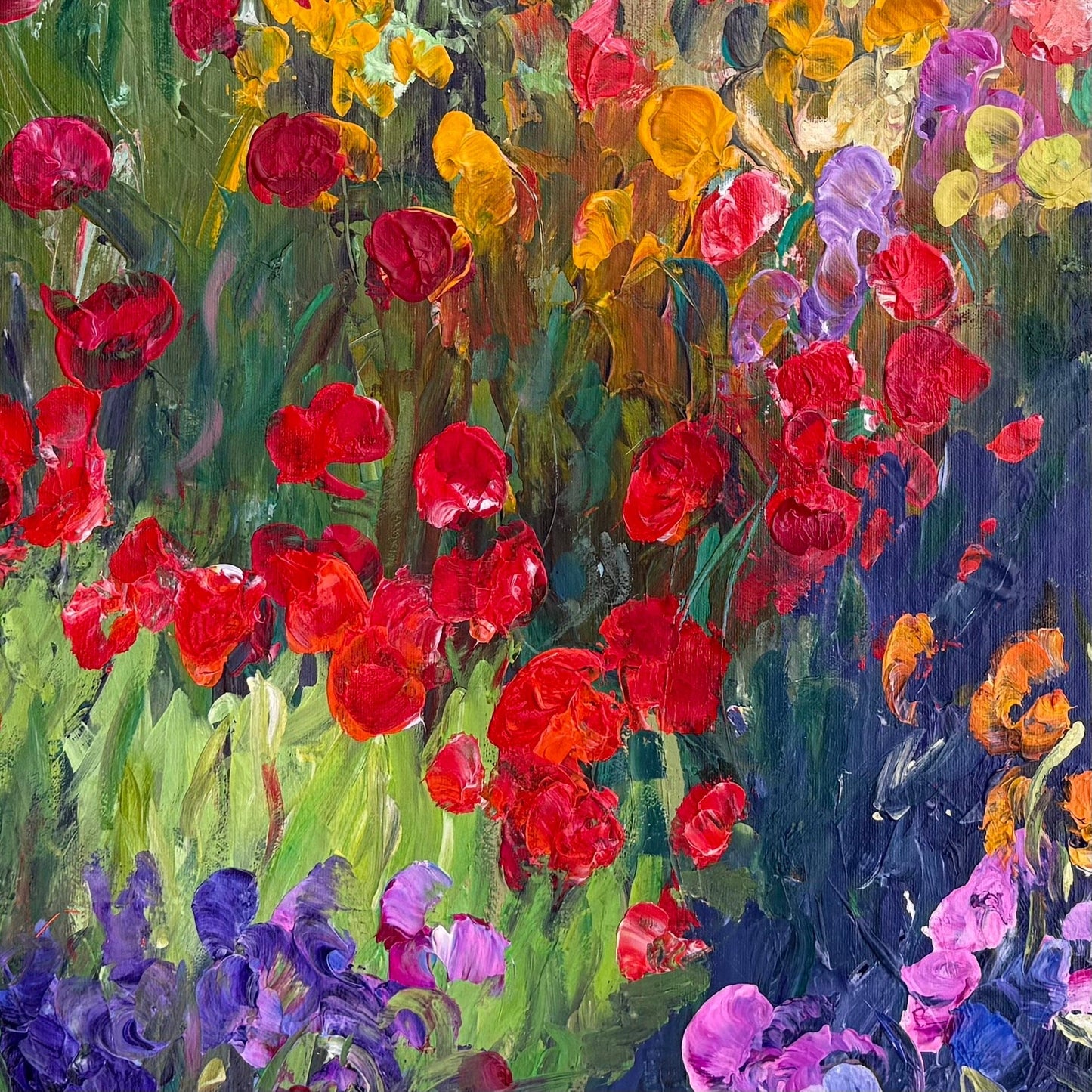 Close-up detail of Path in the Meadow, an impressionist flower landscape painting with rich palette-knife textures in red, purple, orange, and green by artist Maria-Victoria Checa.