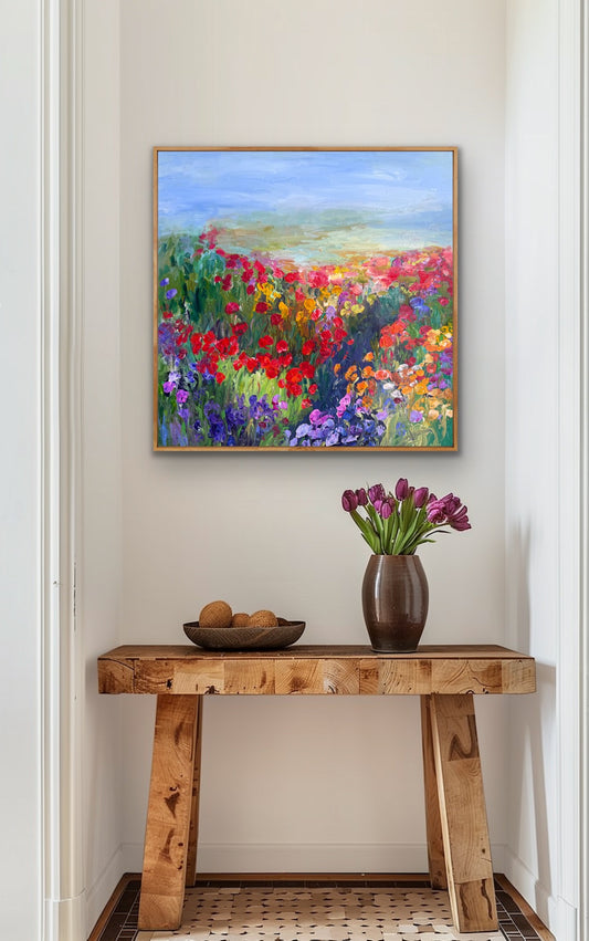 A framed impressionist flower path painting titled Path in the Meadow by Maria-Victoria Checa displayed in a hallway above a wooden console table with a vase of purple tulips.