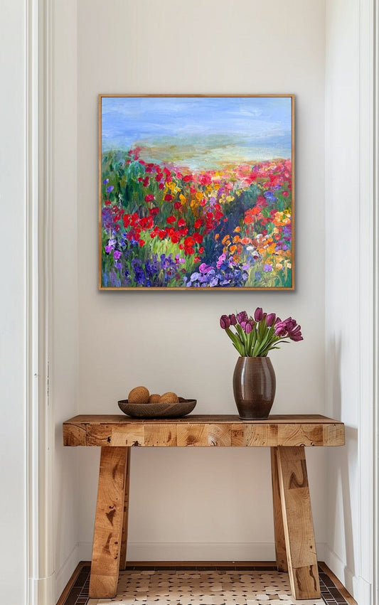 A framed impressionist flower path painting titled Path in the Meadow by Maria-Victoria Checa displayed in a hallway above a wooden console table with a vase of purple tulips.