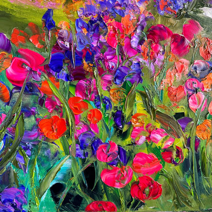 Pink Flowers fine art print by Washington, DC artist Maria-Victoria Checa featuring vibrant pink, purple, and red textured blooms.