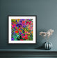 Pink Flowers framed floral art print styled on a blue wall, by artist Maria-Victoria Checa.