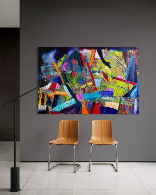 Play Time! abstract oil painting displayed above two modern wooden chairs with floor lamp in a contemporary interior