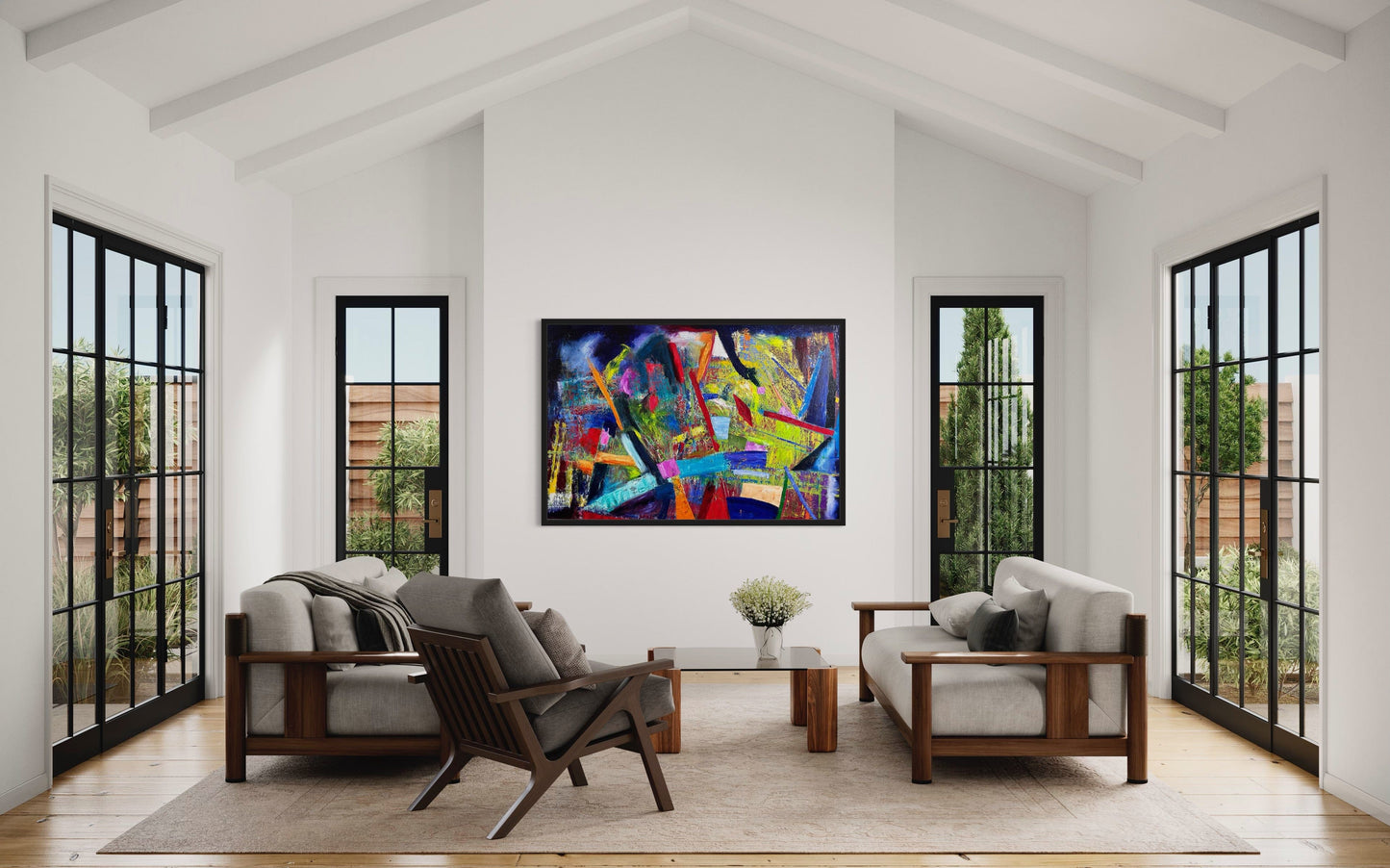 Play Time! large abstract oil painting hanging in a bright living room with two sofas and high ceilings.