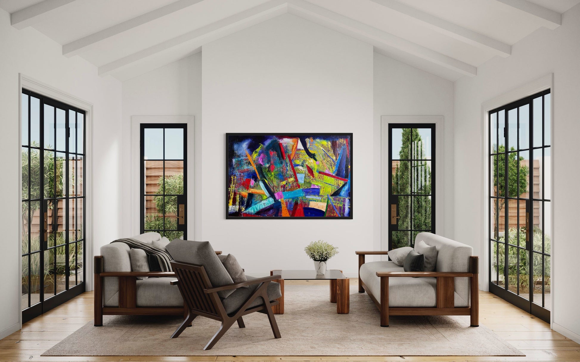 Play Time! large abstract oil painting hanging in a bright living room with two sofas and high ceilings.