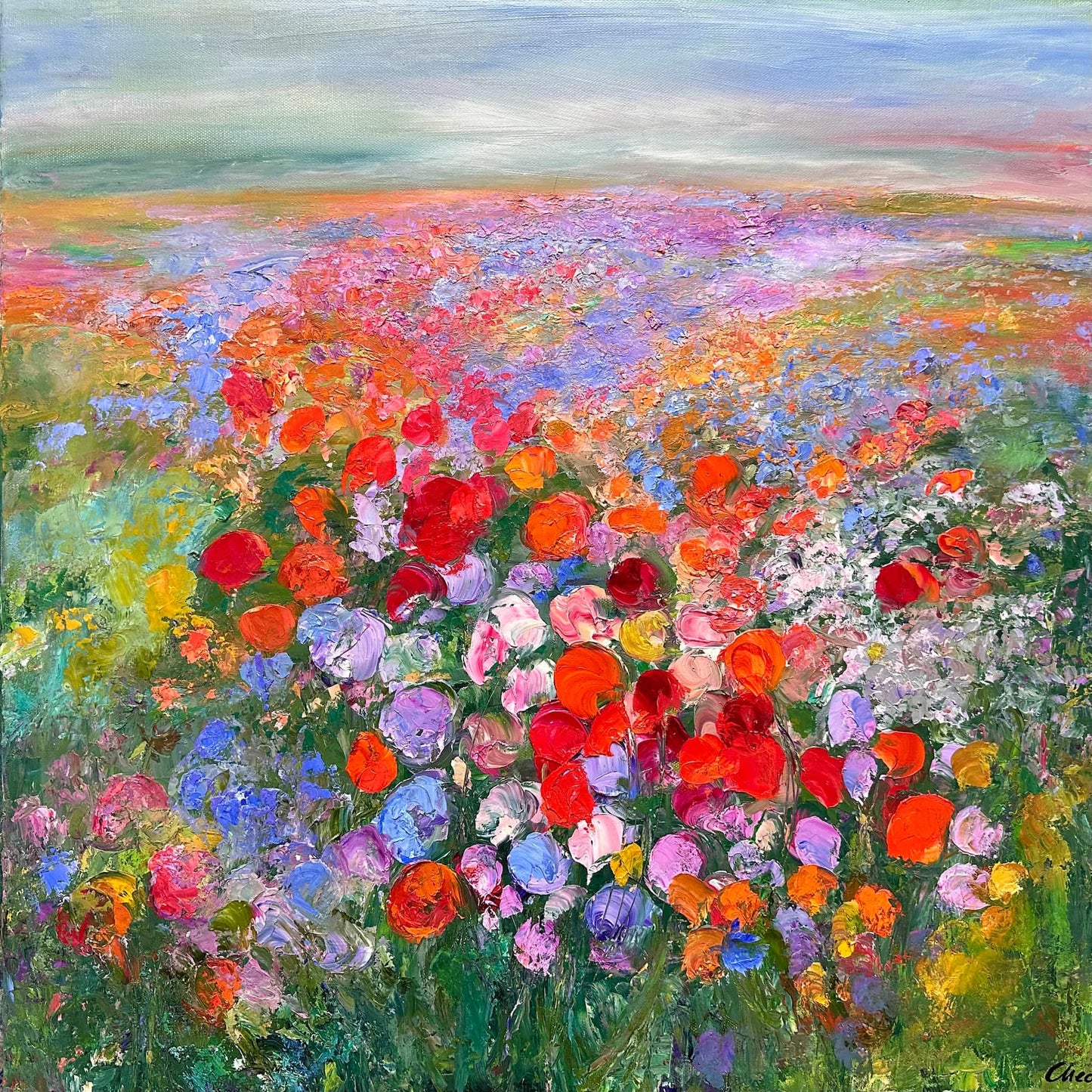 Prairie – original painting alt text:
Prairie impressionist flower field original painting by Maria-Victoria Checa featuring a sweeping wildflower meadow in red, orange, blue, lavender, pink, and white blooms receding to a soft pastel horizon under a pale sky