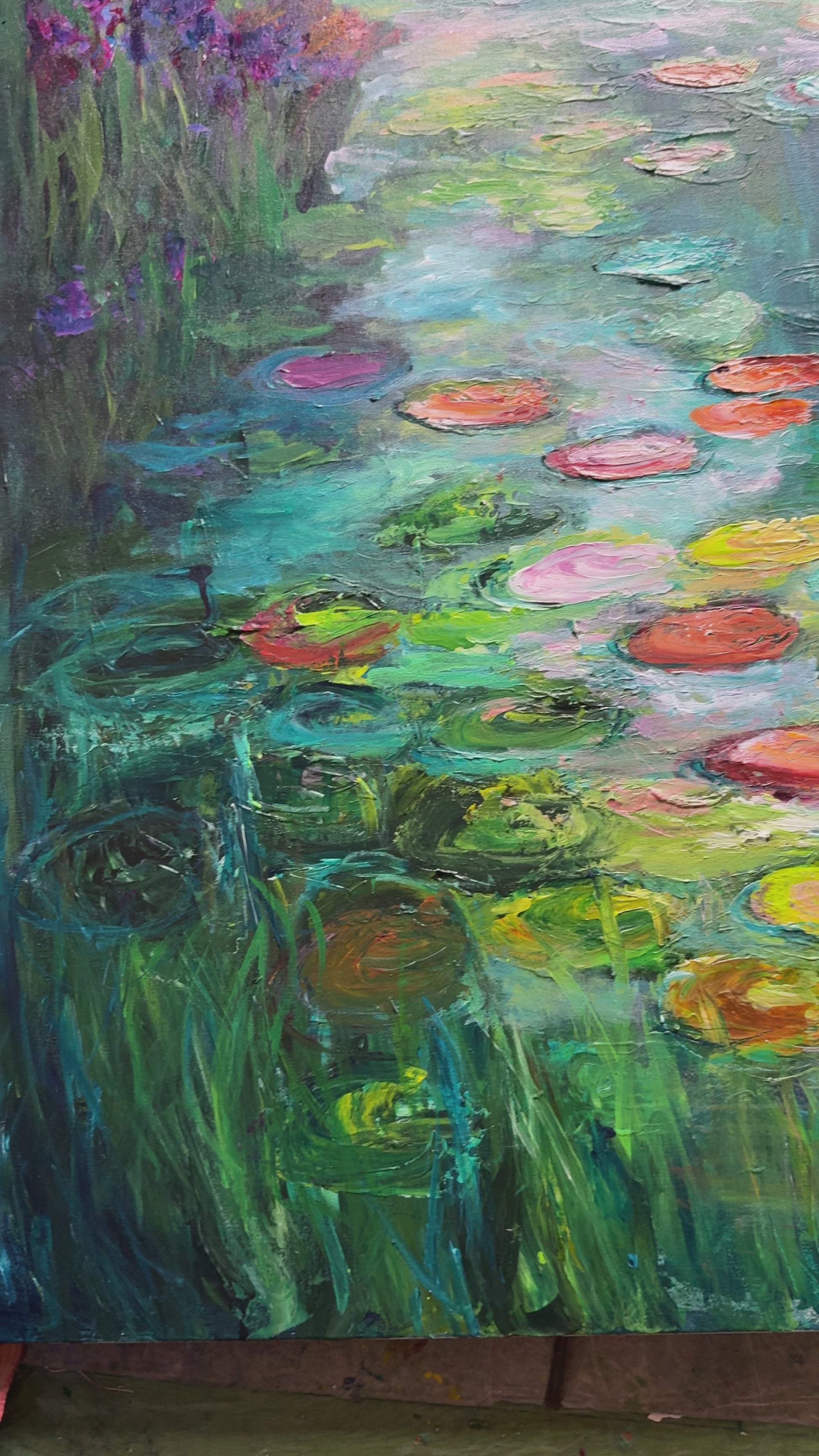 Video of Waterlily Garden, an impressionist waterlily pond painting by Maria-Victoria Checa, showing textured brushwork and shimmering water reflections.