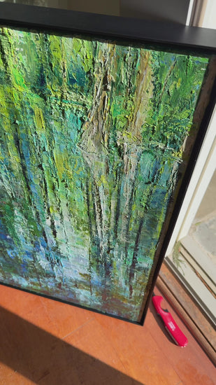 Video of Cypress Gardens Reflection I, an impressionist water reflection oil painting in greens and blues by Washington DC artist Maria-Victoria Checa.