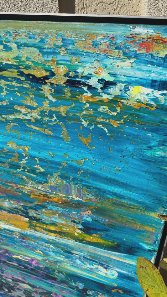 Video of Abstract Water Reflection painting by Washington, DC–based contemporary artist Maria-Victoria Checa, featuring layered blues, gold accents, and expressive reflections inspired by shimmering water.