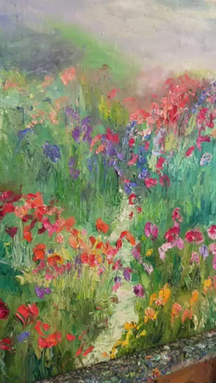 Video of A Stroll in a Flower Field showing textured brushstrokes and vibrant wildflowers.
