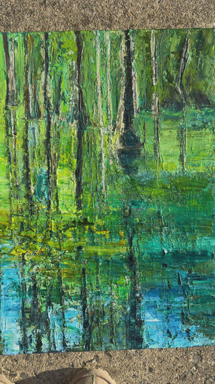 Video of impressionist landscape painting Cypress Gardens Reflection 2 by Maria-Victoria Checa depicting trees reflected in water.