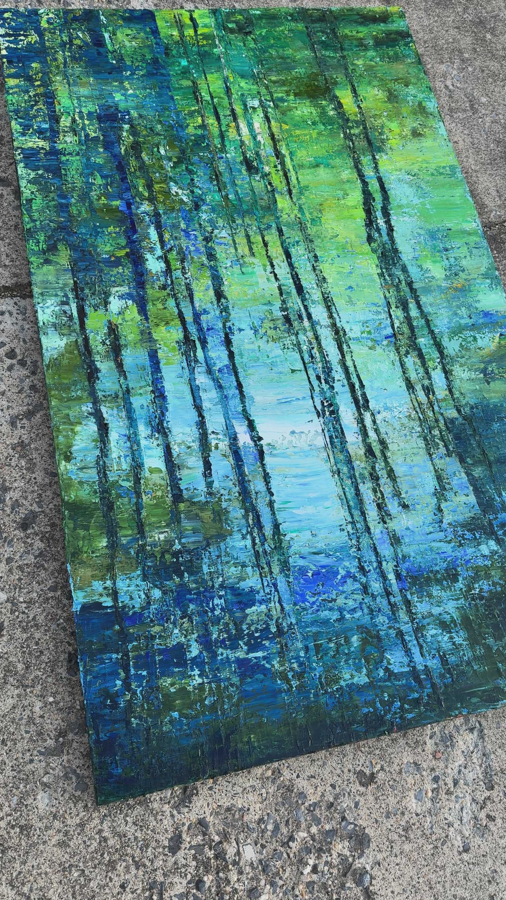 Video showcasing Cypress Gardens Reflection 3, an abstract landscape painting by Maria-Victoria Checa with close-up texture details and full-view composition