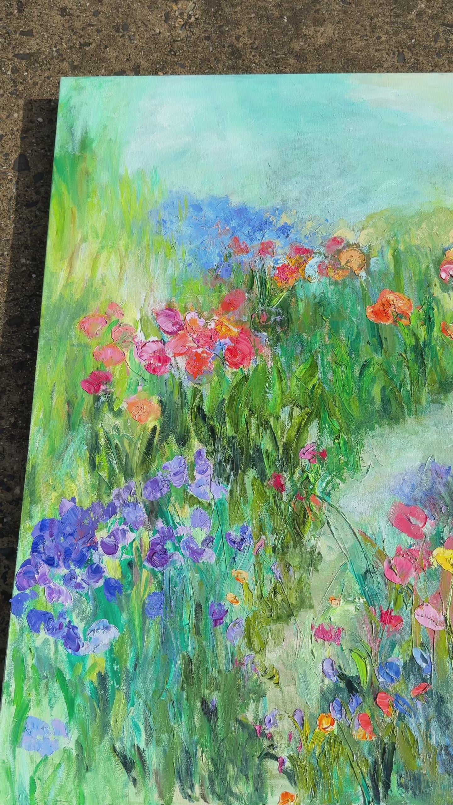 Video of Happy Place by Maria-Victoria Checa – impressionist floral landscape painting with a winding garden path and vibrant flowers.