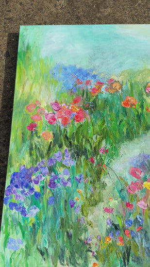 Video of Happy Place by Maria-Victoria Checa – impressionist floral landscape painting with a winding garden path and vibrant flowers.