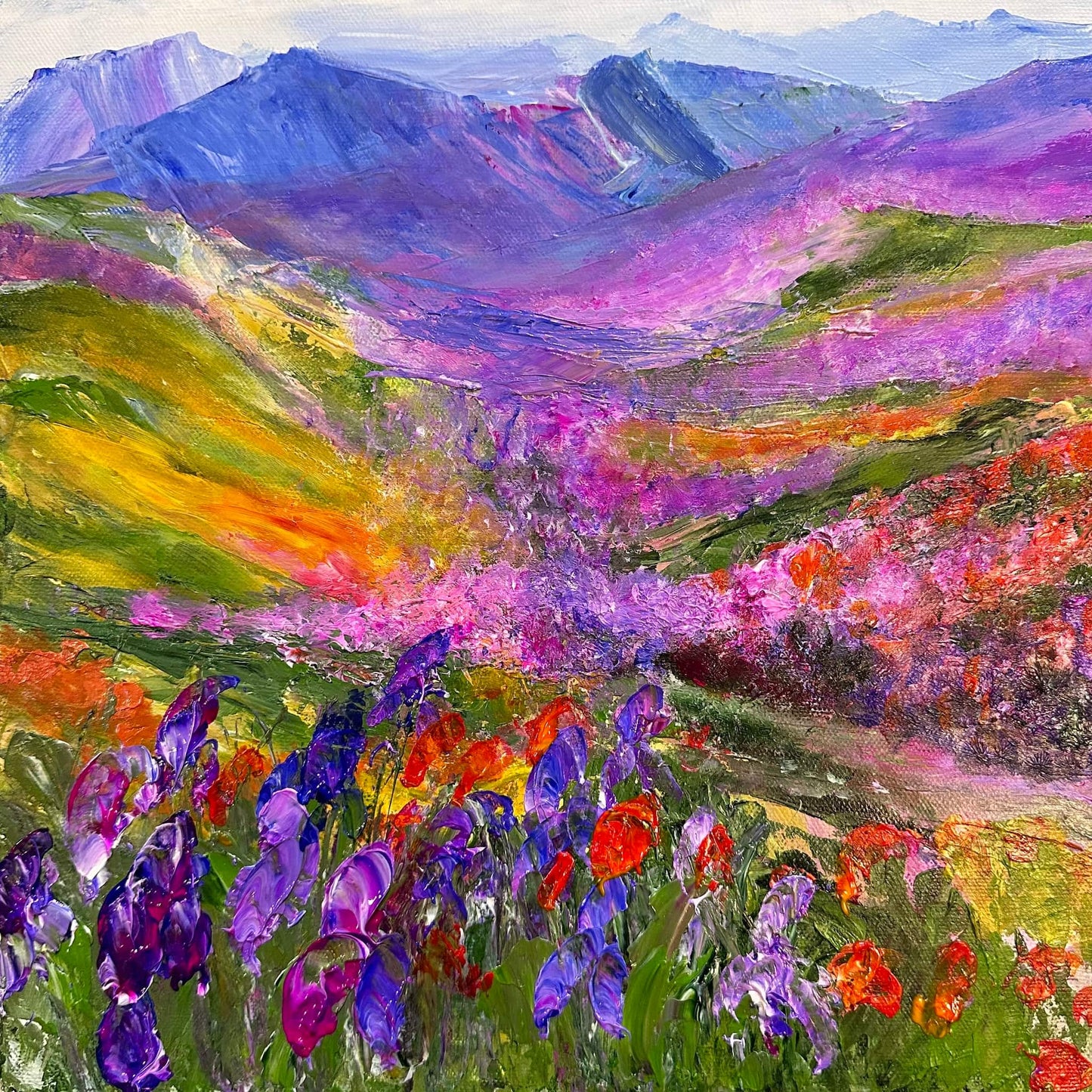 Purple Range, original impressionist landscape acrylic painting by Maria-Victoria Checa, 12x12 in, purple irises and red poppies with colorful mountain valley