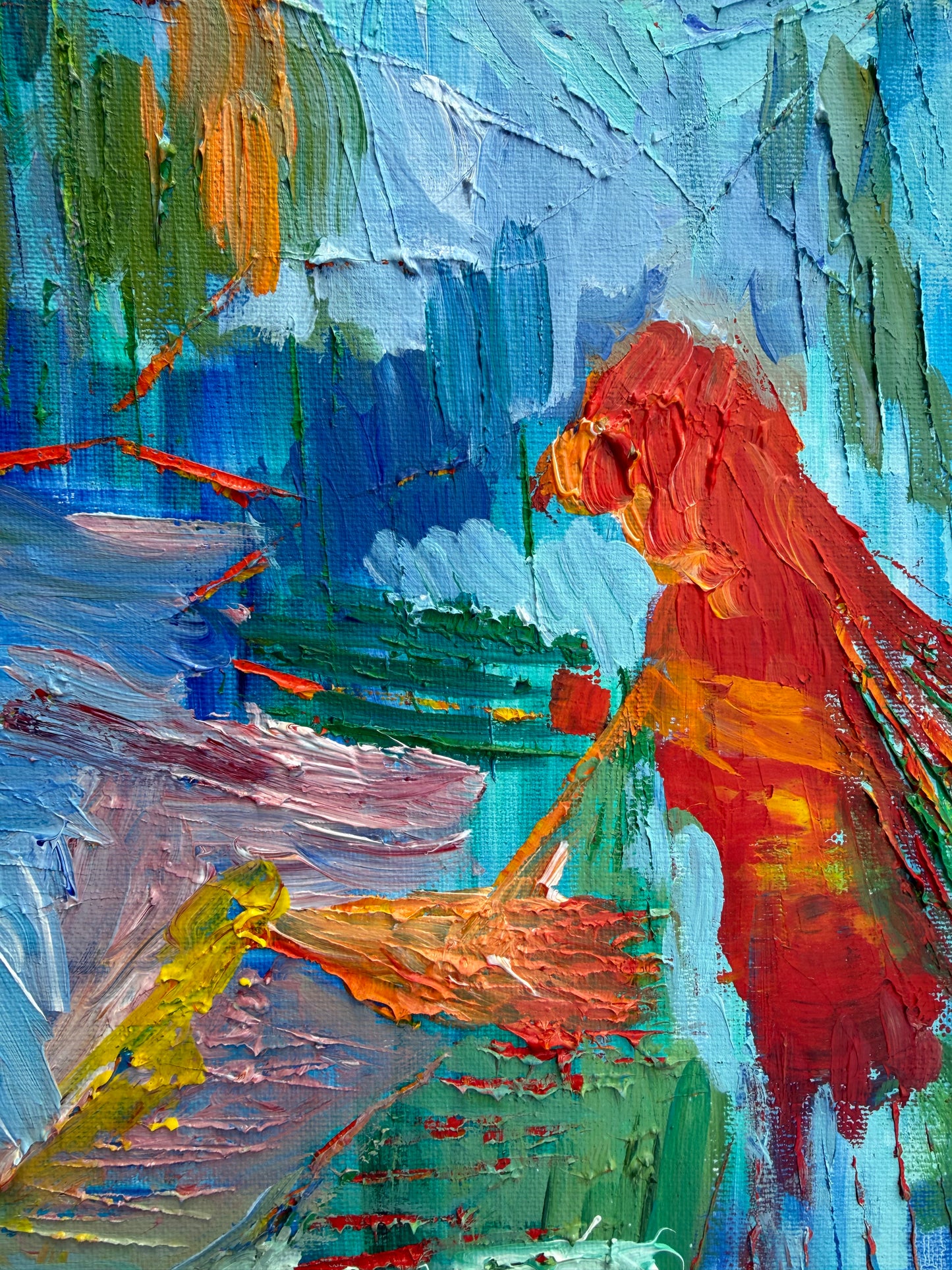 Detail of Rain Forest abstract painting showing expressive brushstrokes and layered texture by Maria-Victoria Checa.