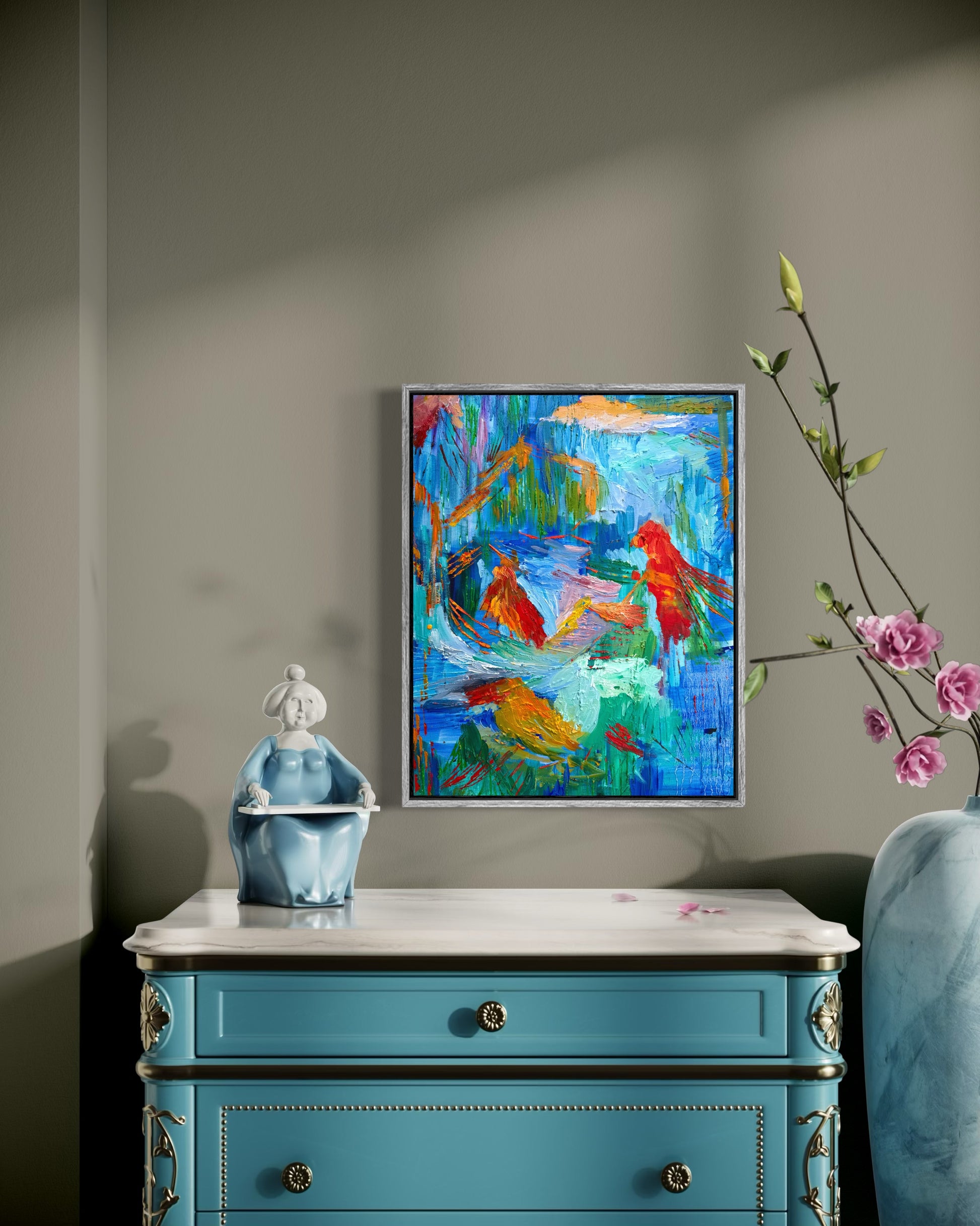 Rain Forest abstract painting by Maria-Victoria Checa displayed in an elegant interior with soft neutral tones.