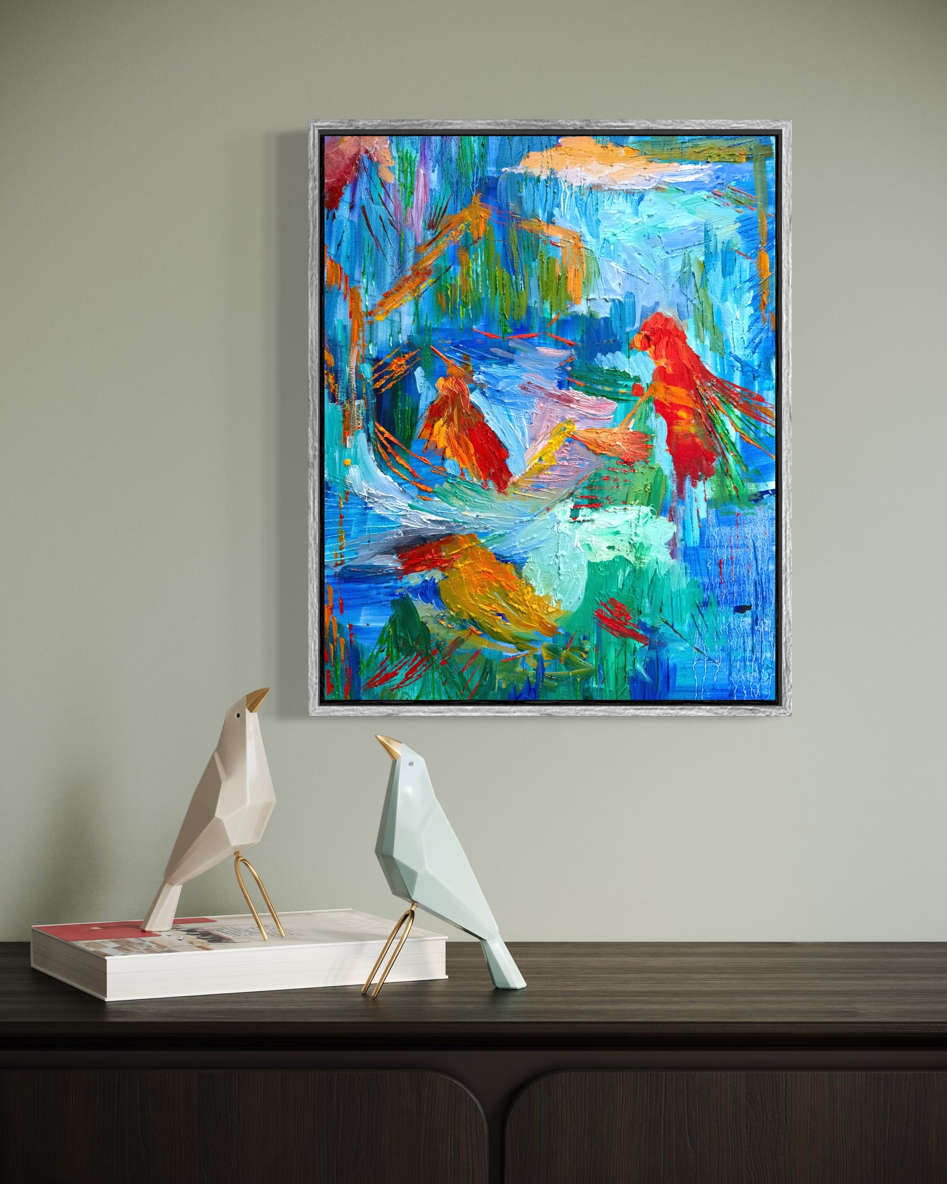 Rain Forest abstract painting by Maria-Victoria Checa displayed in a modern interior above a console table.